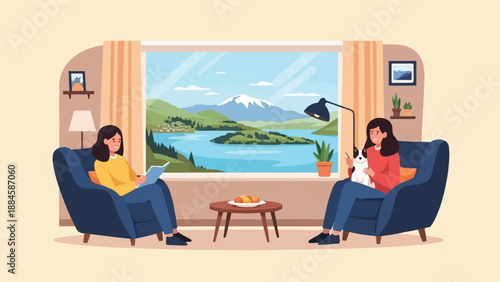 Two women relax in cozy armchairs, one reading, the other with a dog, overlooking a scenic landscape