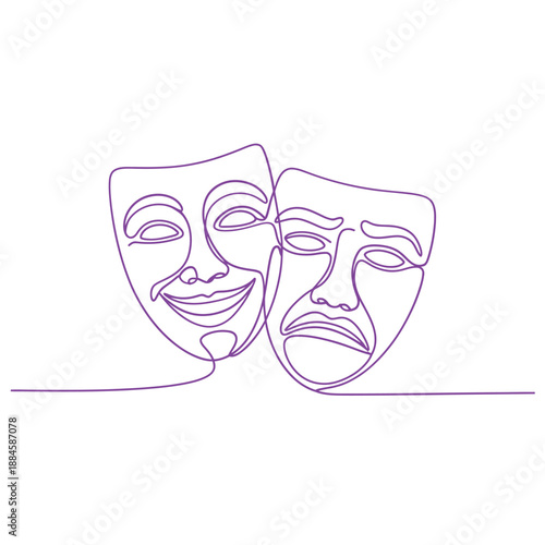 Two purple line art masks representing comedy and tragedy side by side