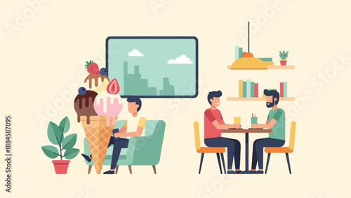 Two scenes depict leisure activities one with giant ice cream and screen, another with cafe meeting