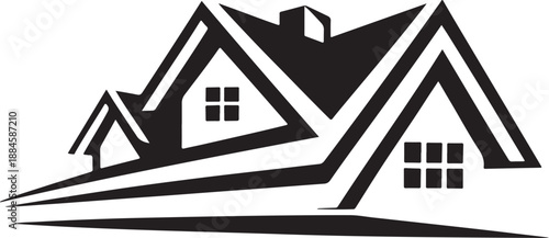 A black silhouette vector illustration of a mountain house icon featuring a simple roof and window design as a real estate property symbol for web architecture and business construction