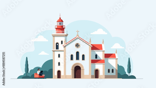 White building with red roof and lighthouse, person with laptop sits outside