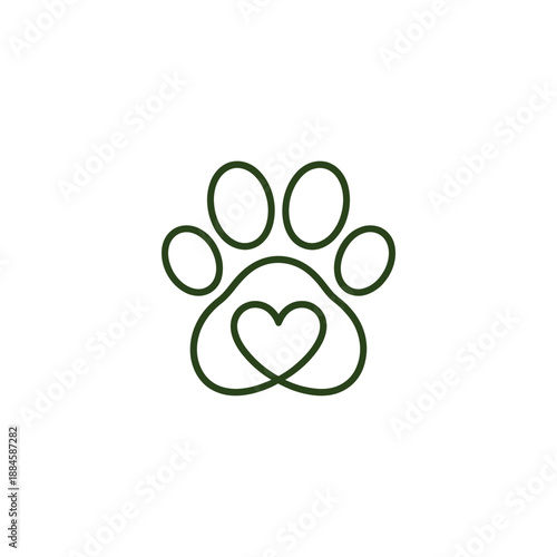 A green paw print with a heart inside simple vector illustration