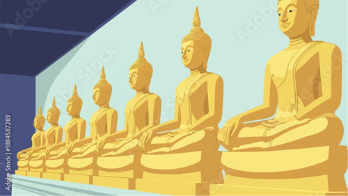 Row of golden Buddha statues in meditation pose, under a blue roof