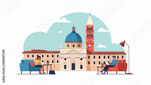 People relax near an ornate building with a dome and bell tower