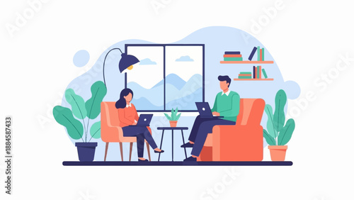 Two people work on laptops from home, surrounded by plants and books