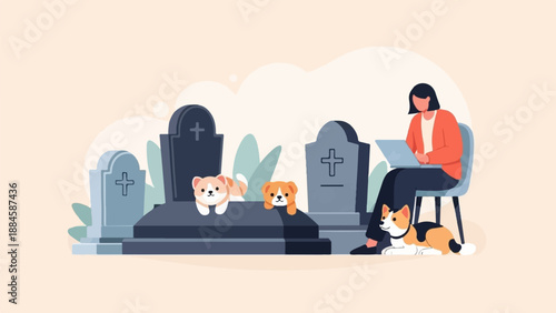 Woman works on laptop near graves with dogs, peaceful scene