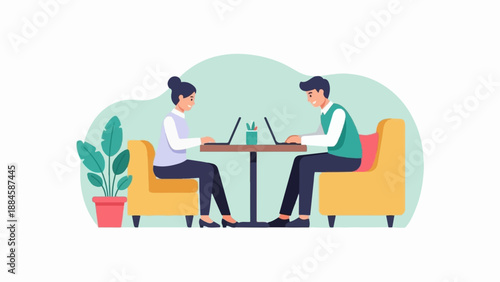 Two people sitting at a table working on laptops