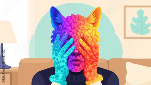 Person with colorful, spotted face hides eyes behind hands on couch