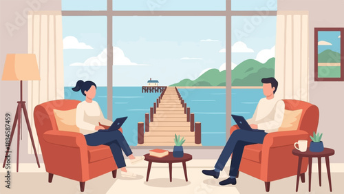 Two people work on laptops in cozy chairs, overlooking a pier and ocean