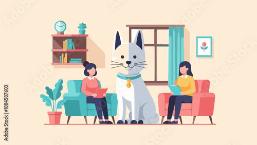 Two women sit on sofas with a giant cat in a room