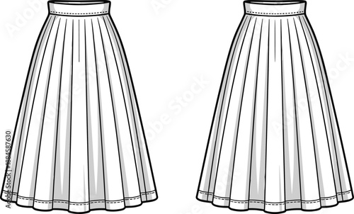 Fashion flat sketches of two long pleated skirts with a waistband and detailed hemline stitching fashion sketch