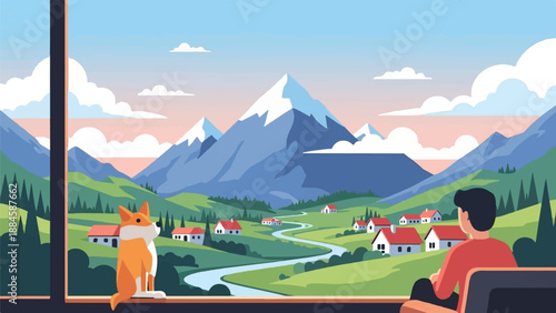 Person and dog observe a picturesque valley with snowy mountains