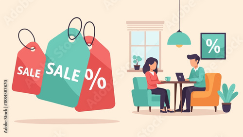 Two people at a table with a laptop while sale tags float on the left