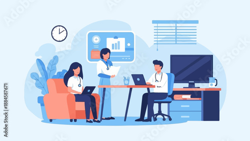 Three medical professionals collaborating in a bright, modern office setting