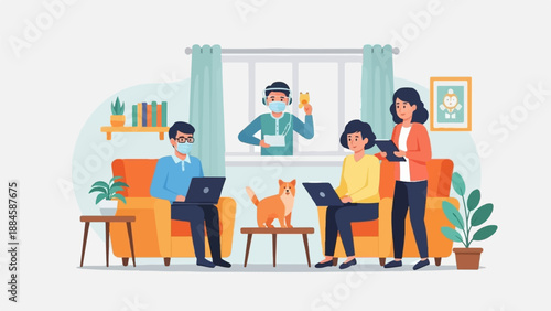 People working remotely from home on laptops with a cat and plants