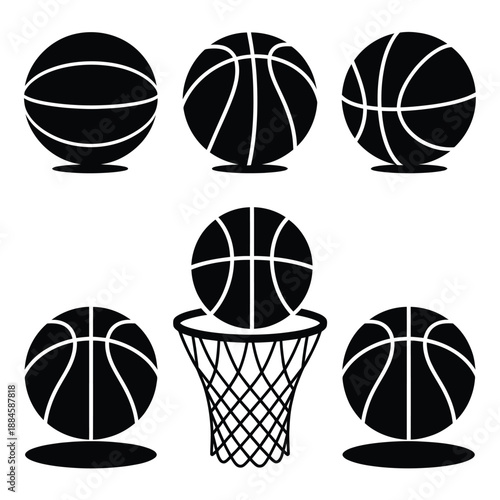 Black and white basketballs with a hoop showcasing sport equipment