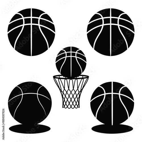 Black and white basketballs with a hoop classic sports imagery