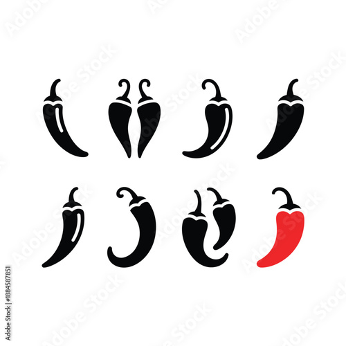 Stylized chili pepper icons in varying shapes and a single red one