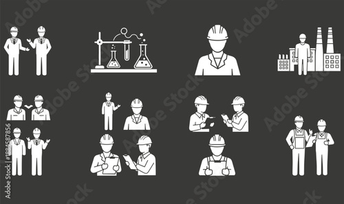 Industrial engineer and worker icons set, factory teamwork laboratory research safety helmet symbols, manufacturing process illustration on dark background