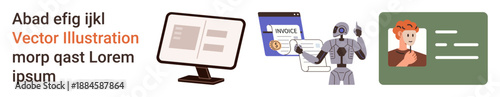 Artificial intelligence, digital invoicing, identity verification, remote work, online tools, tech innovation. A robot, invoice document computer interface and ID card. AI and digital invoicing
