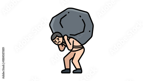 Conceptual vector illustration showing a person heavily burdened by a giant rock on their back, symbolizing immense struggle, overwhelming challenges, and the weight of responsibility or stress