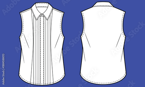 Front and back flat fashion illustration sketches of a sleeveless collared shirt with pleats on a blue background