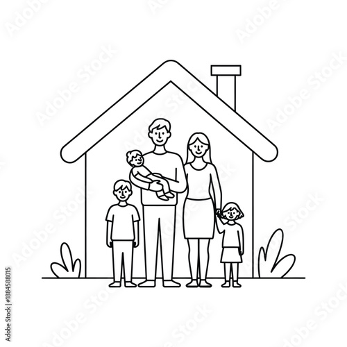A happy family stands in front of their simple house drawing
