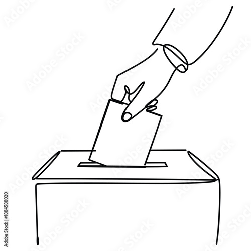Single continuous line drawing of a hand casting a vote in a box