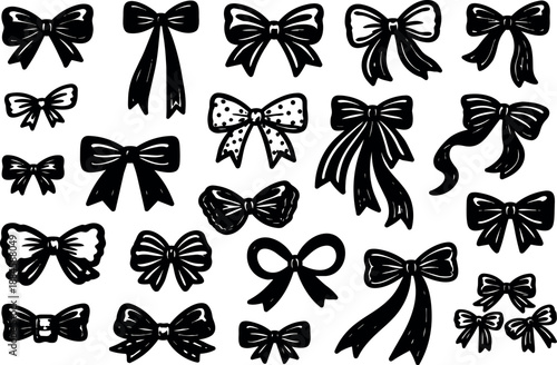 Hand drawn ink bow vector set close up assorted ribbon shapes multiple styles flat black silhouettes on white background decorative ornamental icons