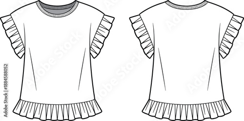 Front and back flat sketch of a white short-sleeved top with ruffled cap sleeves and a ruffled hem on a white background