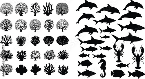 Marine life and coral silhouettes set, underwater ocean animals collection, fish dolphin shark lobster seahorse coral reef illustration