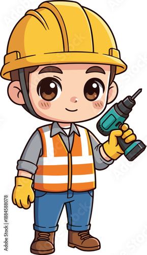 Construction worker, cartoon character, safety gear, hard hat, power drill, orange vest, vocational illustration, friendly expression, kids education, job sketch