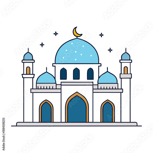 A serene white mosque glows in the night, bathed in soft golden light, reflecting peace and devotion as stars shimmer above its elegant domes and tall minarets.
