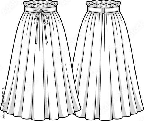 Front and back line drawings of a flowing maxi skirt with a ruffled hem and tie waist detail flowing skirt