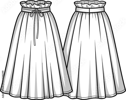 Front and back view of a white pleated midi skirt with a drawstring waist and ruffled hem on a white background