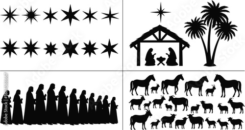 Nativity Christmas silhouettes set, holy family manger scene, biblical star symbols shepherds animals collection, religious holiday illustration isolated white background