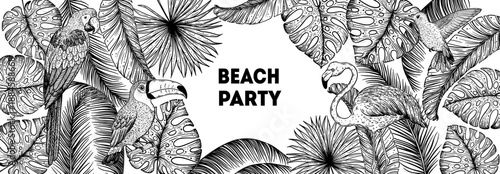 Tropical birds, palm leaves and flowers vector illustration.Toucan, flamingo, hummingbird and parrot. Tropical design template. Hello summer frame. Summer design. Black and white illustration.