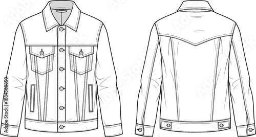 Fashion, illustration, technical, denim, jacket, front view, back view, collar, button, pocket, seam, yoke, waistband, tab, cuff, garment, vector, flat, structure, design, apparel