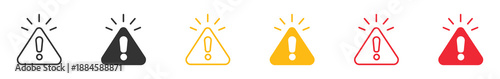 Warning Triangle Icon Set. Alert and Caution Symbols. Outline and Solid Style, Black Yellow Red Warning Icons, Vector Illustration.