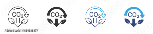 CO2 Reduction Icon Set. Carbon Emission Decrease Symbols. Eco Leaves and Down Arrow Icons, Outline and Solid Style, Blue and Black Icons, Vector Illustration.