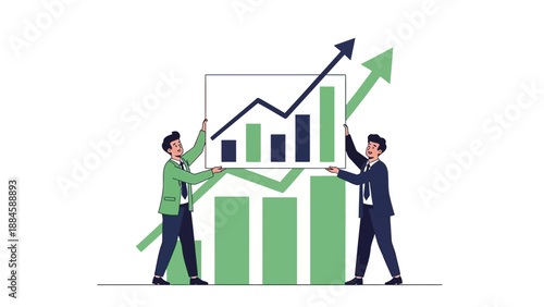 Business Growth Concept: Two businessmen holding up a rising graph with upward arrows