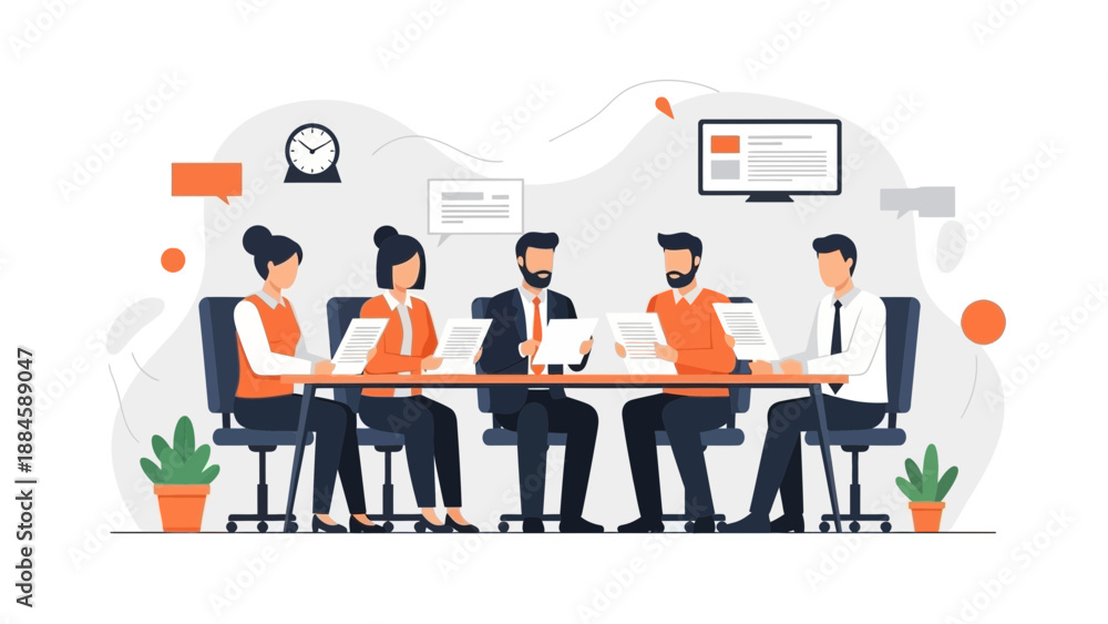 Obraz premium Teamwork meeting, business discussion, strategic planning, office collaboration, flat design