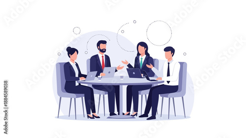 Business Meeting: Diverse Team Collaborating Around a Table with Laptops