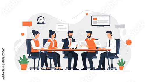 Teamwork meeting, business discussion, strategic planning, office collaboration, flat design