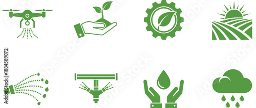 Smart Agriculture Icons Featuring Drone Farming Irrigation Systems Sustainable Energy and Environmental Conservation Symbols
