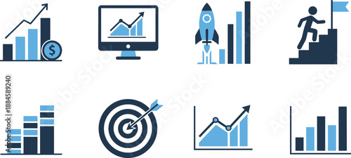 Business Success Icons Featuring Financial Growth Charts Rocket Launches Professional Goals and Strategy Achievement Concepts