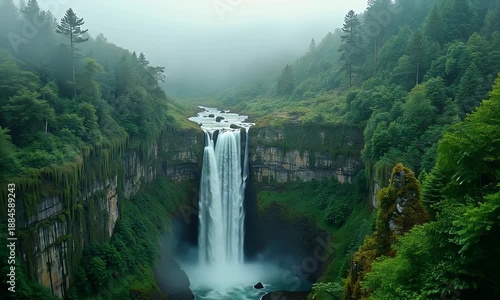 Majestic Waterfall Cascades Through Lush Green Forest on a Misty Morning Serene Landscape