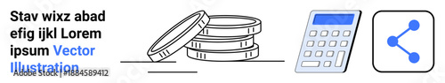 Financial planning, budgeting, data analysis, monetary transactions, connectivity, computation. Stack of coins, calculator and share icon. Financial planning and budgeting