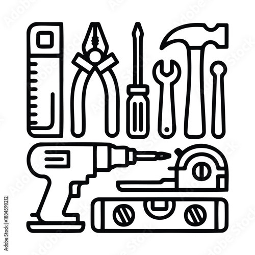 Hand Tool Icon Set with Power Drill Level and Hammer