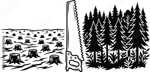 Deforestation concept: felled trees contrast with a standing forest and a large saw.